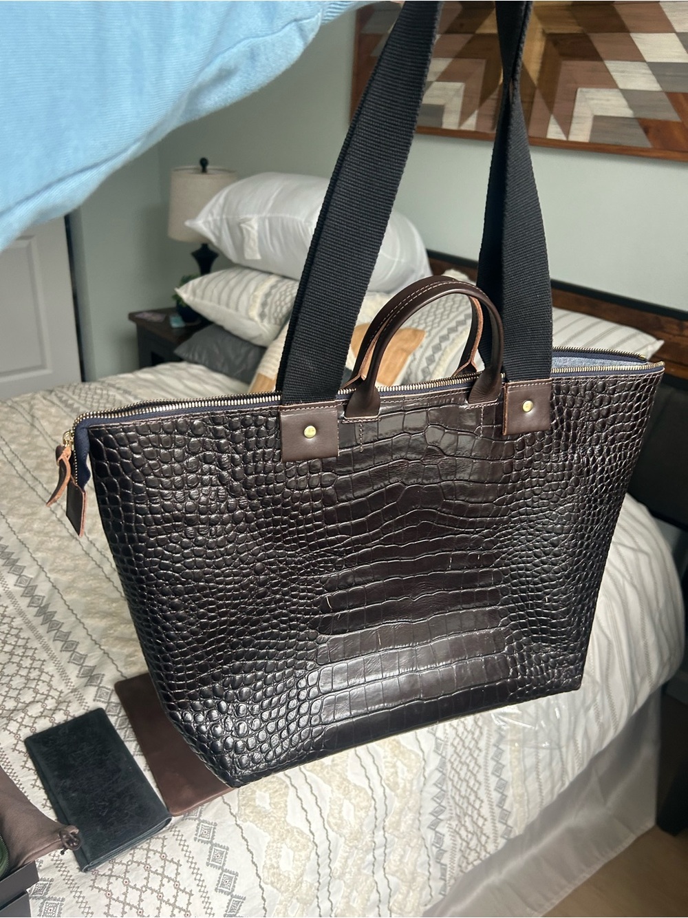 Clare V Croc-Textured Le Zip Sac with Black Webbing Straps